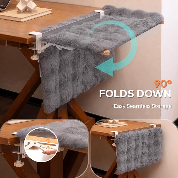 CHEERPALS Cat Desk Bed with Cushion Washable, 90°Fold Down Cat Hammock for Desk Mounted, Indoor Cats Furniture Supports 35lbs Suitable for Small-to-Medium Cats(Grey)