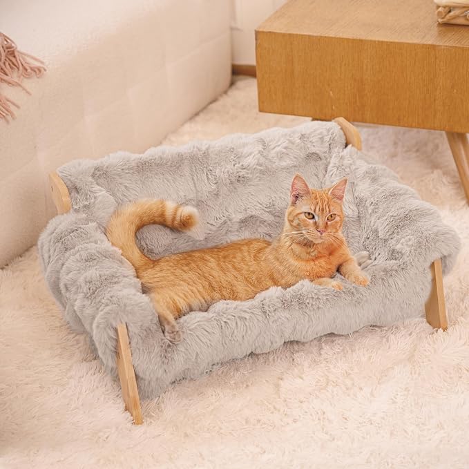 Elevated Cat Couch Bed Wooden Raised Kitty Sofa Lounge Chair | Washable Fluffy Cover Wooden Elevated Pet Furniture for Indoor Cats and Puppy(Gray)