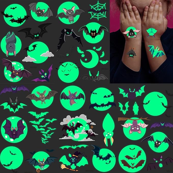 73PCS Luminous Halloween Bat Temporary Tattoos for Kids, Costume Makeup Glow in the Dark Fake Tattoo Stickers, Face Cosplay Holiday Party Favors Gifts for Adults Classroom School Prizes Reward