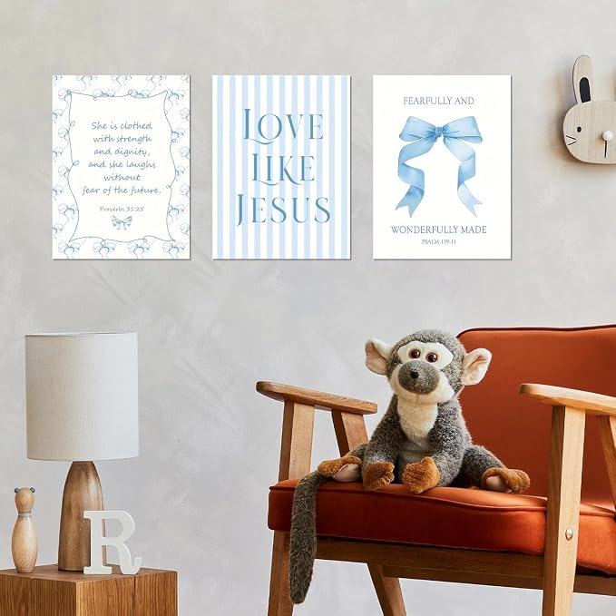 Blue Coquette Room Decor of Bow Pictures Bible Verses Wall Art Decor Set of 3 Preppy Posters Bedroom and Light Bule Bow Dorm Decor Room Decor For Teen Girls 16x24 Inch Framed