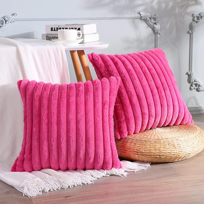 Soleebee Set of 2 Throw Pillow Covers Soft Cozy Velvet Pillowcase Faux Rabbit Fur Cover for Couch Sofa Bed Chair Home Decorative Pillows Cover (24x24 Inch, HOT Pink)