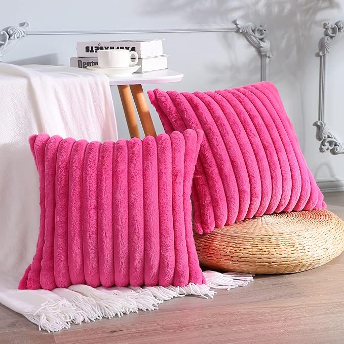 Soleebee Set of 2 Throw Pillow Covers Soft Cozy Velvet Pillowcase Faux Rabbit Fur Cover for Couch Sofa Bed Chair Home Decorative Pillows Cover (20x20 Inch, HOT Pink)
