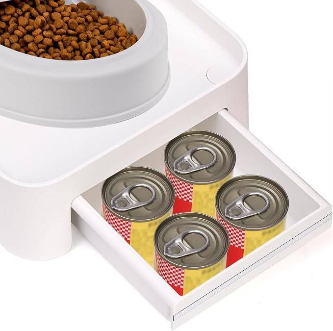 Raised Pet Feeder Stand for Cats and Dogs Neck Health, Adjustable Height Elevated Shelf Suitable for 90% Automatic Pet Feeder & Water Dispenser, with Drawer to Stock Pet Snacks, Canned Food
