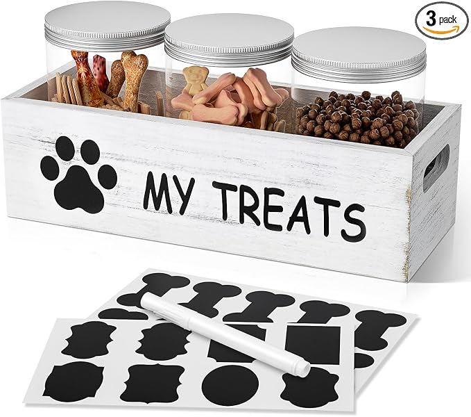 qeerable Dog Treat Container for Countertop - Dog Food Storage with 3 Jars - Pet Food Organizer For Puppy - Airtight White Wooden Dog Treat Storage With Lids - Great Gift for Pet Dog Owners