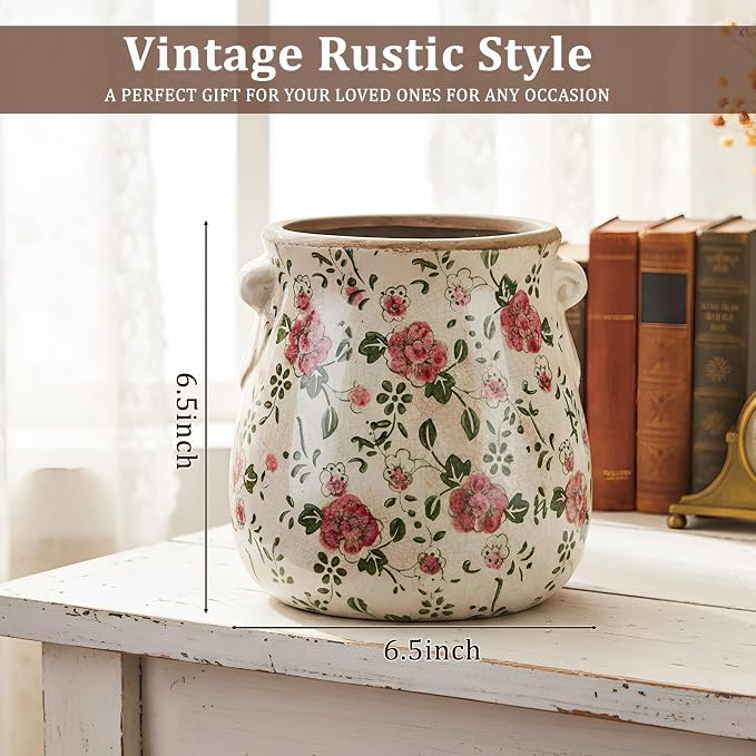 Ceramic Scroll Planter 6.5 Inch Chinoiserie Floral Vase with Drainage Holes Vintage Flower Vase Flower Pot Rustic Ceramic Pots for Indoor Plants Garden Home Bookshelf Decor (Red Plum)