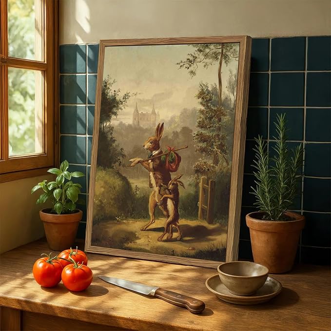 Funny Rabbit Wall Art Whimsical Bunny Wall Decor Painting Vintage Cottagecore Easter Animal Poster Canvas Prints Hare Family Picture Artwork for Living Room Bedroom 12x16 inch Wood Framed