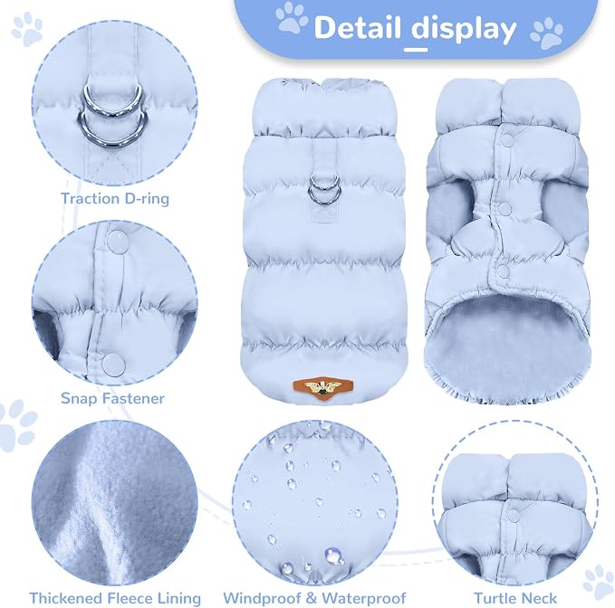 ABRRLO Winter Warm Dog Jacket for Small Medium Dogs Cats Cold Weather Coats with Harness Paded Dogs Fleece Vest Waterproof Windproof Dog Snow Jacket Pet Puppy Clothes (Light Blue,XL)