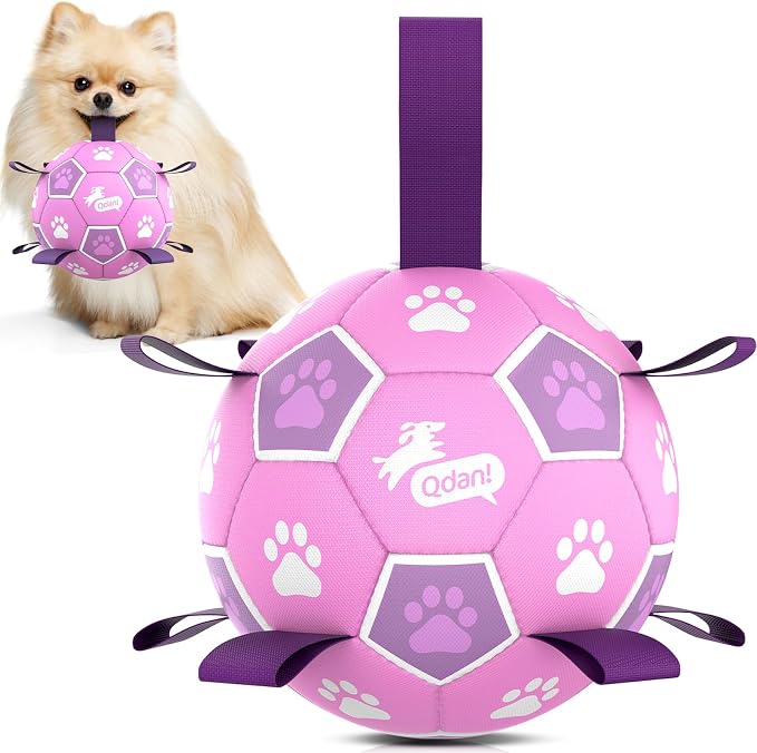 QDAN Dog Toys, Durable Dog Soccer Ball with Straps to Keep Them Busy,6 Inch