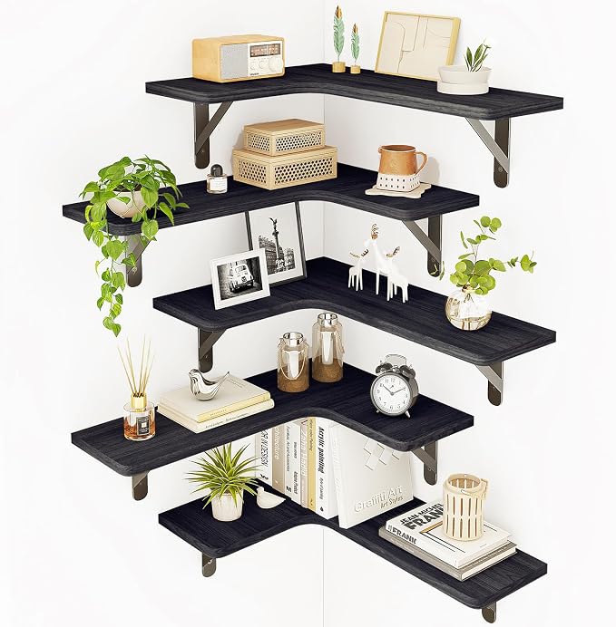 Fixwal Conner Shelves Wall Mounted for Decor, Black Set of 5 | Solid wood shelf with metal brackets, holds 40 lbs. Optimizes corner storage. Fits bathroom, kitchen, bedroom & living room.
