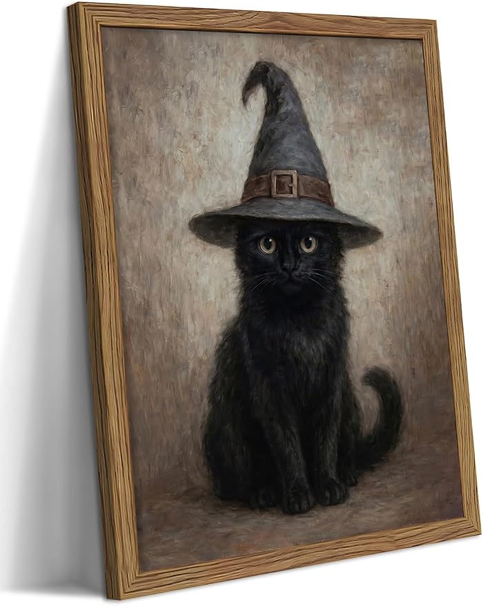 Framed Halloween Cat Wall Art, Vintage Gothic Black Cat Witch Canvas Wall Decor Paintings, Moody Dark Academia Animal Artwork Posters Prints Pictures for Bedroom Living Room 12x16 Inch