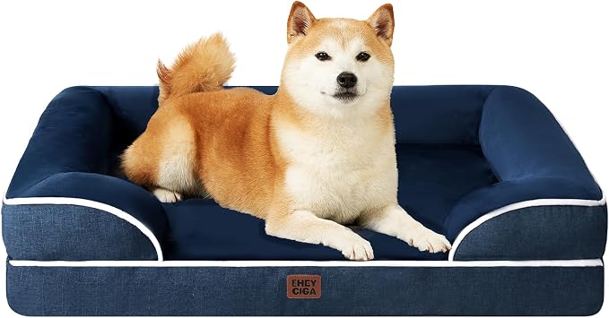 EHEYCIGA Orthopedic Dog Beds Large Sized Dog, Waterproof Washable Pet Bed | Non-Slip Bottom and Egg-Crate Memory Foam Dog Couch Bed with Washable Removable Cover, Navy
