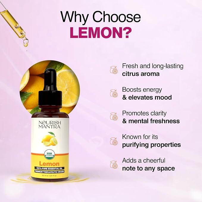 Nourish Mantra Lemon Essential Oil | Premium Quality Essential Oil for Massage, Aromatherapy & Skin | 100% Pure, USDA Certified Organic Lemon Essential Oil | Perfect for Diffuser, Home & Car