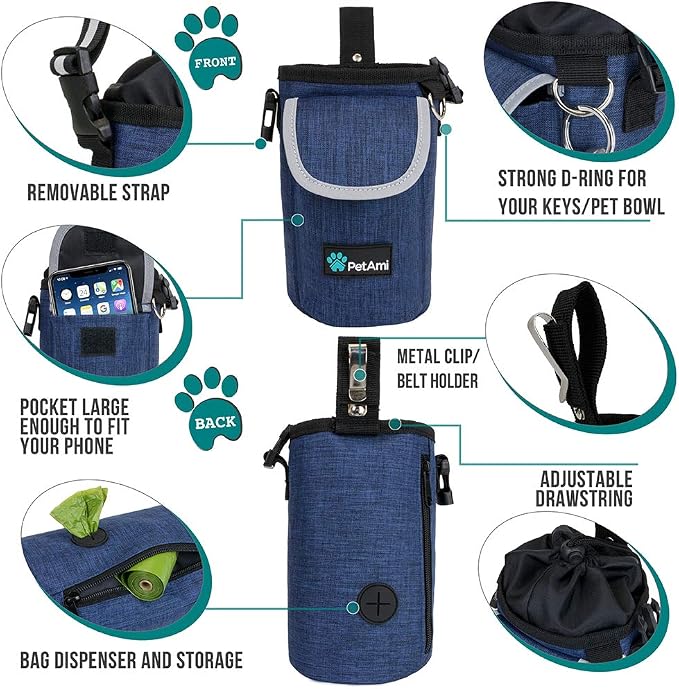 PetAmi Dog Treat Pouch, Large Hands-Free Training Bag, Navy Blue