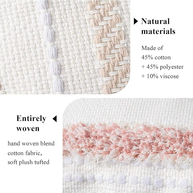 Boho Tufted Square Pillow Cover 22 × 22 in – Neutral Pink | Woven Farmhouse Accent Decorative Throw Pillow Cover with Tassels & Invisible Zipper for Couch, Bed or Living Room