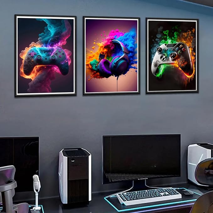 BGFCE Gaming Room Decor Wall Art, Video Theme Canvas Posters for Teen Boys Room, Unframed 16x24in Set of 3