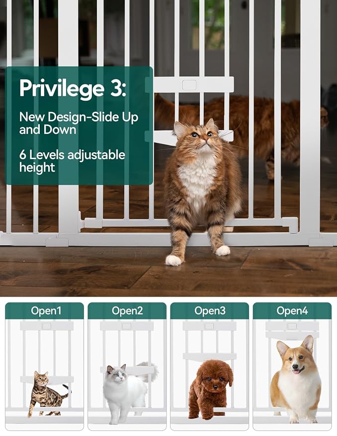 Babelio Baby Gate with Cat Door, CatPrivilege II, 29-40" | Auto Close, 6-Level Adjustable Metal Gate with Pet Door for Stairs & Doorways, Pressure Mounted, No Drilling, White