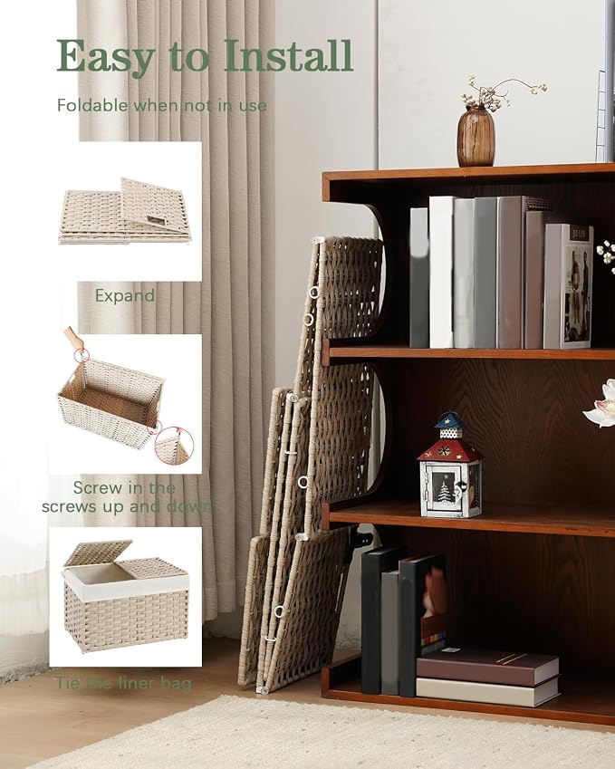 SETVSON Storage Basket with Lid 105L PE Rattan Storage Bin Light Khaki | 2 Removable Liners for Clothes & Blankets, 105L Storage Bin with 2 Separate Lids,Sturdy Metal Frame, PE Rattan