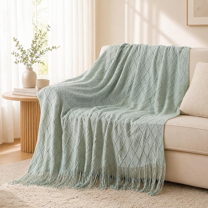 BATTILO HOME Sage Green Throw Blanket for Couch, Boho Bed Throws for Home Decor, Light Blue Throw Blanket for Sofa Living Room, 50"x60"
