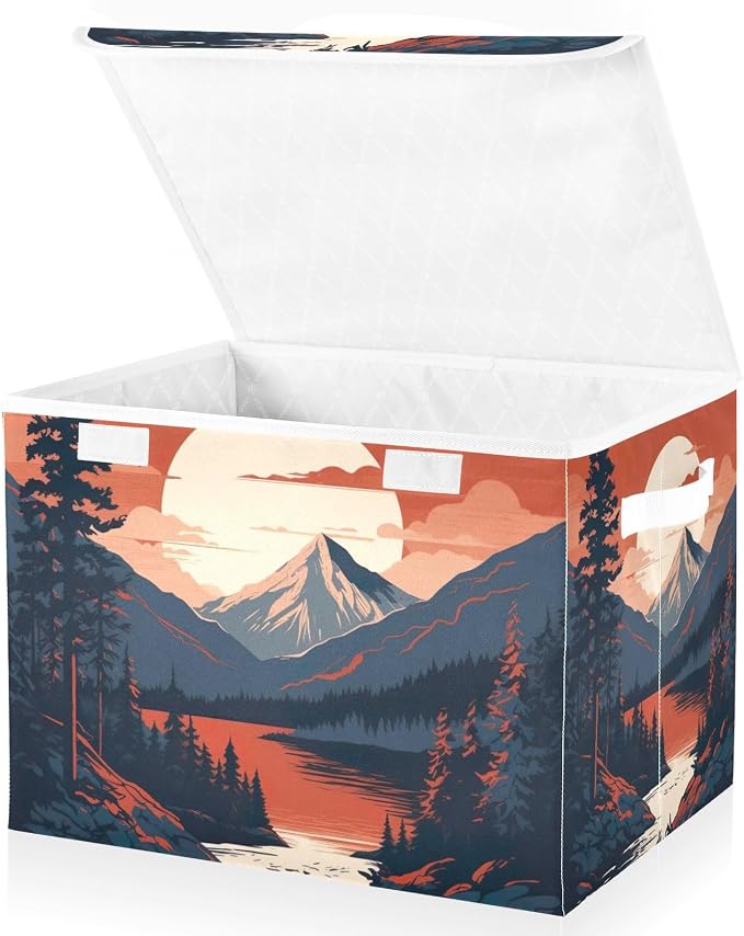 Mountains Trees Storage Bins with Lids and Carrying Handle,Foldable Storage Boxes Organizer Containers Baskets Cube with Cover for Home Bedroom Closet Office