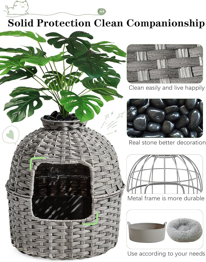 SETVSON Cat Litter Box Plant Enclosure, Hidden PE Rattan Litter Box, Gray | Decorative Planter Design, Handwoven Washable PE Rattan, Removable Top with Artificial Plant & Stones Included, Easy Cleaning