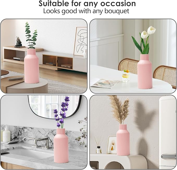 Bohemian Pink Ceramic Vase - for Pampas Grass, Mantel, Bookshelf, Entryway and Living Room Decor (Pink, 8in)