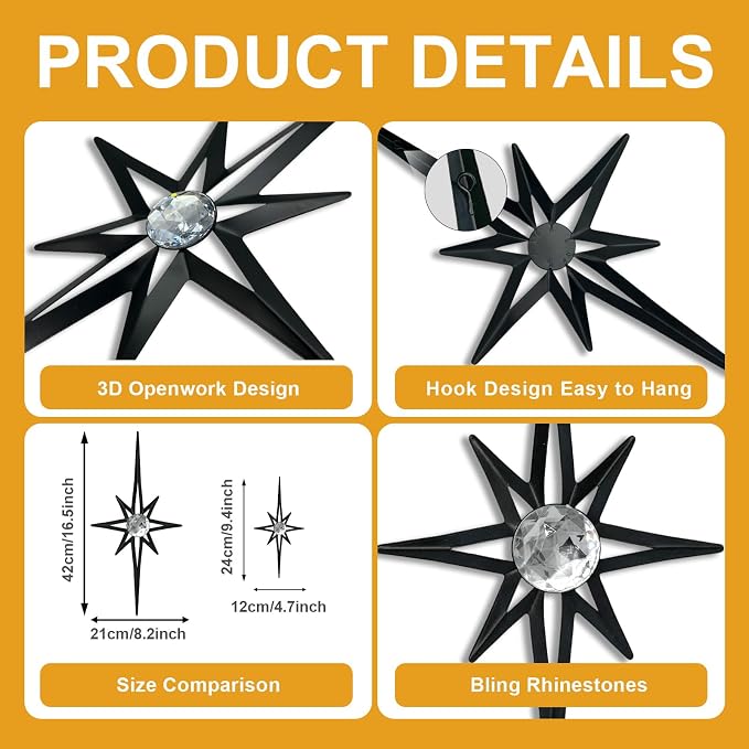 sxnzequnze 4 Pcs Star Wall Art for Home Decor Living Room Bedroom Office Metal 3D,Bling,with Hanging Hook Starburst Midcentury Sculpture Retro Gallery Accent Celestial -Black 16.5in/9.4in