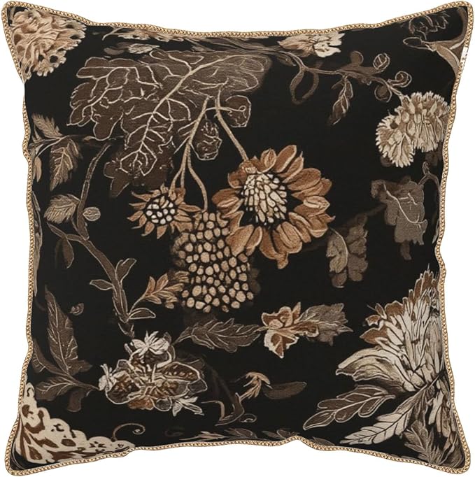 Vintage Black Floral Leaves Velvet Pillow Covers 16x16 Inch Brown Beige Tan Boho Flowers Throw Pillows For Couch Cushion Covers Pillowcase Farmhouse Bohemian Pillow Cases for Sofa Bed Bedroom