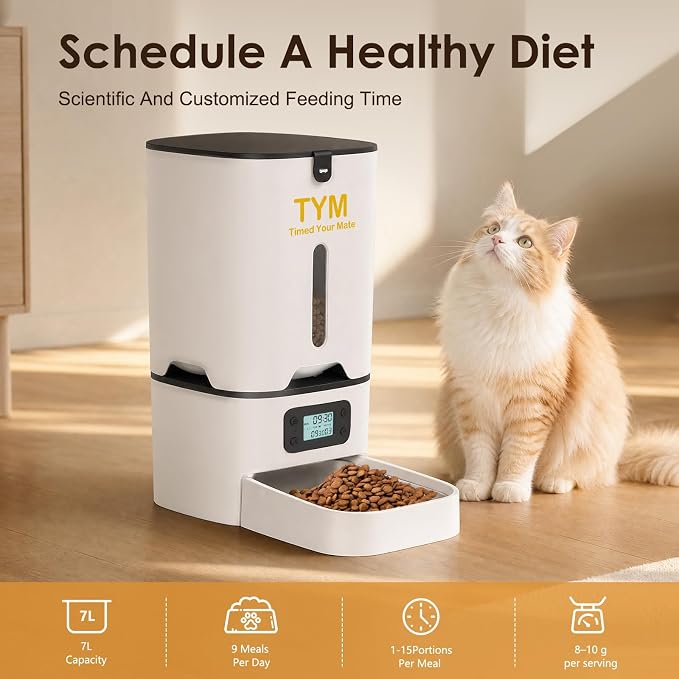 Automatic Cat Feeder 7L, 9 Meals/Day Food Dispenser for Cats Small Dog Pet | Large Capacity | NO APP | Programmable Timer | Weight / Diet Control | Stainless Steel Bowl | Fresh Food | Dual Power Supply