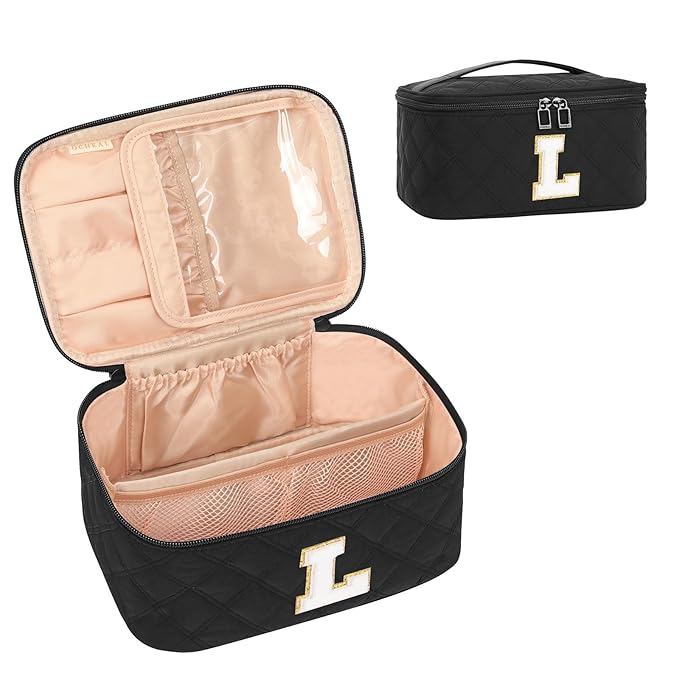 OCHEAL Makeup Bag Valentines Day Gifts for Women, Monogram Cosmetic Bag Black Travel Makeup Case Beauty Toiletry Bag Organizer Personalized Gifts for Girls Bridesmaid, Sister, Wife, Friends Initial L