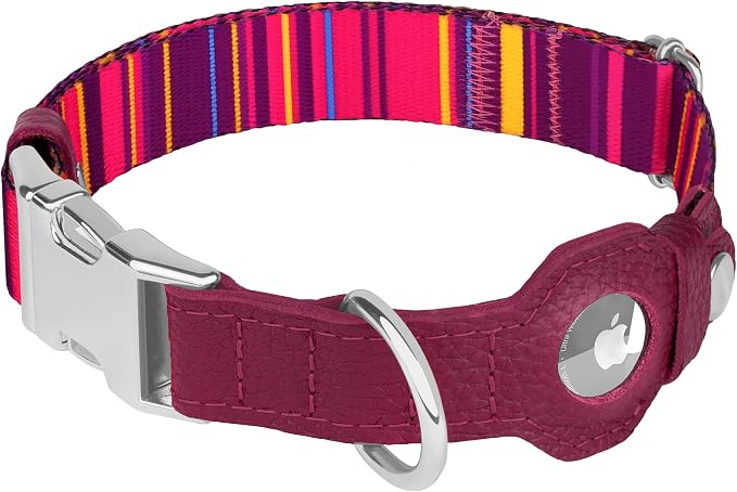 AirTag Dog Collar for Small Medium Large Breed - Adjustable Cute Pattern Dog Collar with Airtag Holder - Soft Leather Tracker GPS Apple Air Tag Pet Collars (X-Small, 9"-12" Neck Fit, Striped)