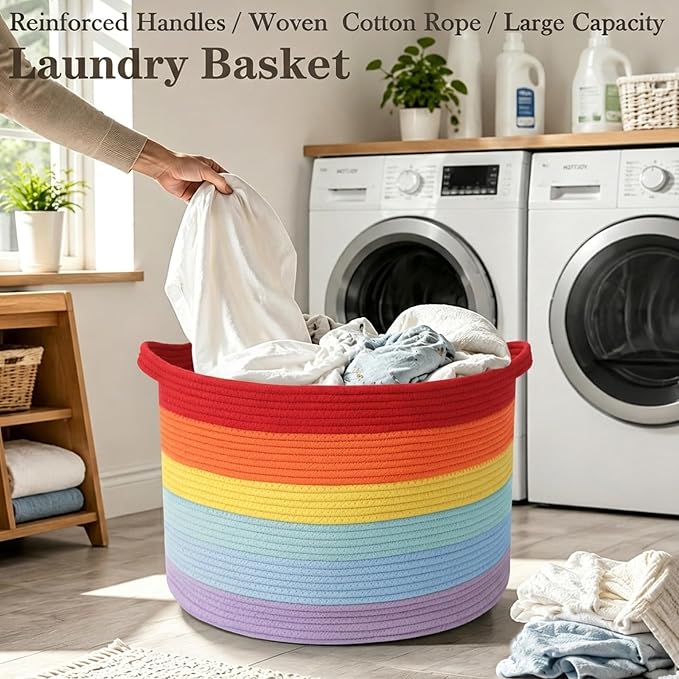 90L Large Blanket Basket,Rope Woven Laundry Basket-Rainbow | Collapsible, reinforced handles, nursery storage bin organizes clothes, toys and pillows for living room, bedroom bathroom
