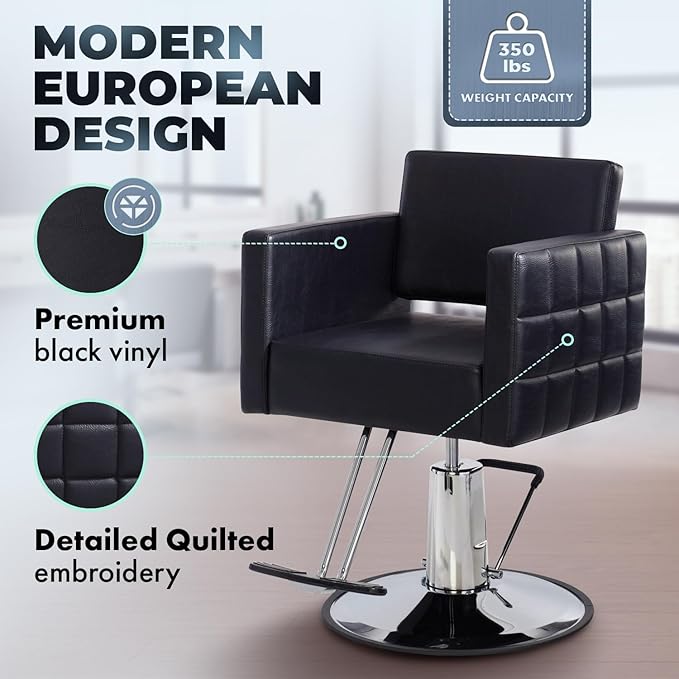 Buy-Rite Icon Styling Chair for Professional Salons & Barbershops, Modern Black Salon Seat, Wide Quilted Design, Steel Frame, Hydraulic Pump, Easy-Clean Features, YLG-192-BLK