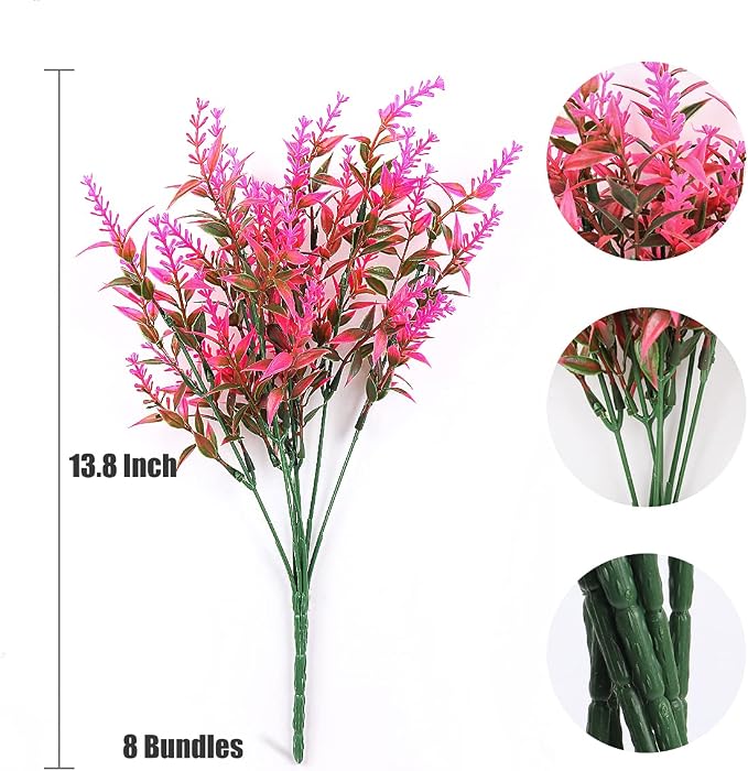 RECUTMS Artificial Plants Outdoor,8 Pcs Faux Flowers for Outdoor Planters | Pink Artificial Flowers Lavender Bouquet Fake Greenery Stems in Fake Bushes Arrangement,Spring Fall Flower Plants Home Decor