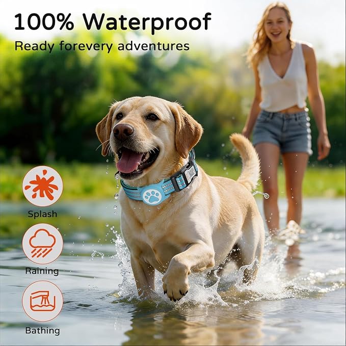 Waterproof AirTag Dog Collar with QR Code Dog Tag, Blue02 M | IP68 waterproof, QR code dog tag, Anti-Lost, Online profile, fits XS-L (8"-26"), Padded nylon, Reflective, No App, No Fees