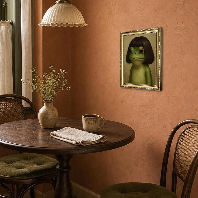 Gold Framed Funny Frog Wall Art, Whimsical Green Frog Wall Decor Painting Cute Animal Poster Canvas Prints Artwork for Living Room Bedroom Bathroom 16x24 inch