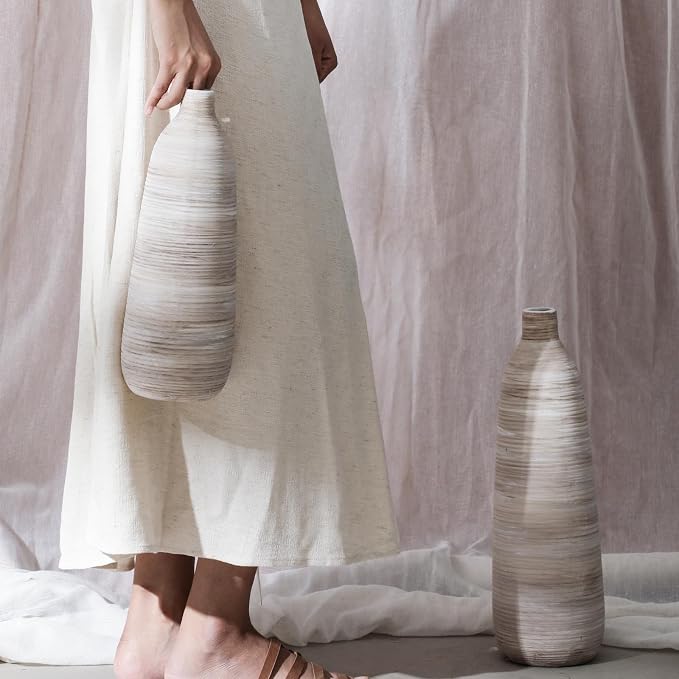 ALMA 18" Ceramic Tall Floor Vase, Boho Flower Vase for Neutral Home Decor | Cream & Brown Brushed Finish, Rustic Decorative Vase for Living Room, Entryway, Mantel, Bedroom, Seasonal Home Styling
