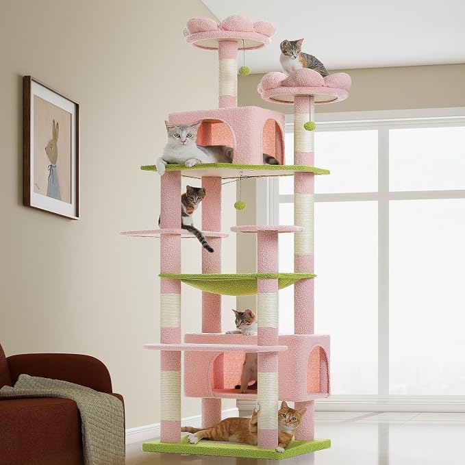 PAWZ Road 81" Flower Cat Tree Large Condo Hammock &2 Perches for Adult Cats | flower shape pink&green, 20"×16" hammock for maine cats, cute cat tower large condos,7 scratch posts & bottom scratcher