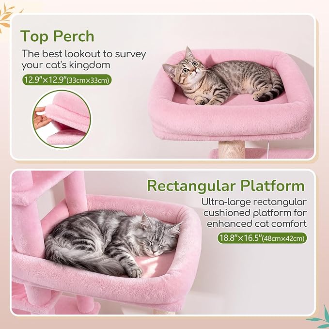 Globlazer Extra Large Platform Cat Tree, 65in Sturdy Cat Scratching Tree for Indoor Cats Large Adult, Big Cat Perch Tower with 3 Padded Perches, 6 Scratching Posts, Cat Condo, Hammock, S65, Pink