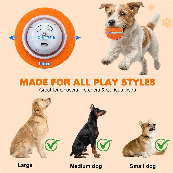 Interactive Dog Toys Ball – Automatic 3-Modes Active Rolling Balls (Orange) | Moving bouncing & rotating dog toy ball with colorful lights. Solid E-TPU material, IPX7 waterproof for medium & large dogs