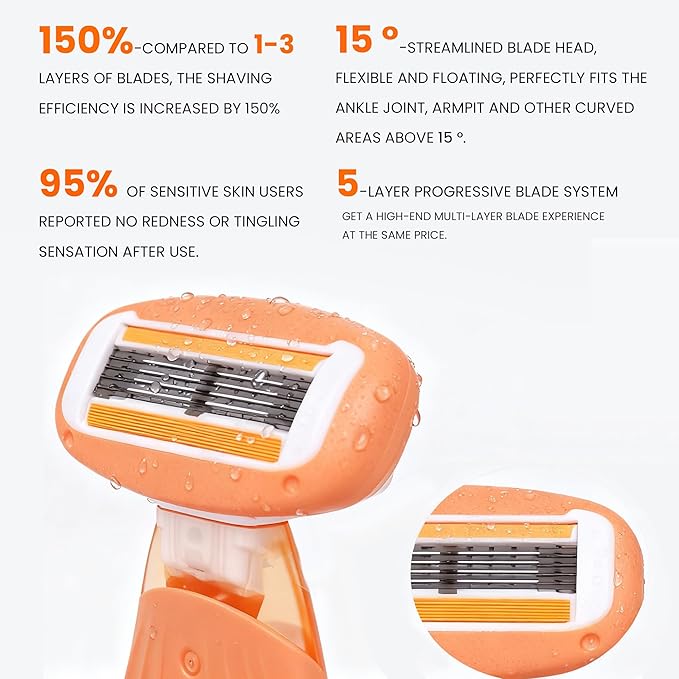 Mini Travel razor Kit for women with moisturizing bar - 1 Handle and 3 Cartridges - Extra Smooth 5-blade With Case for Close Shaving - Orange