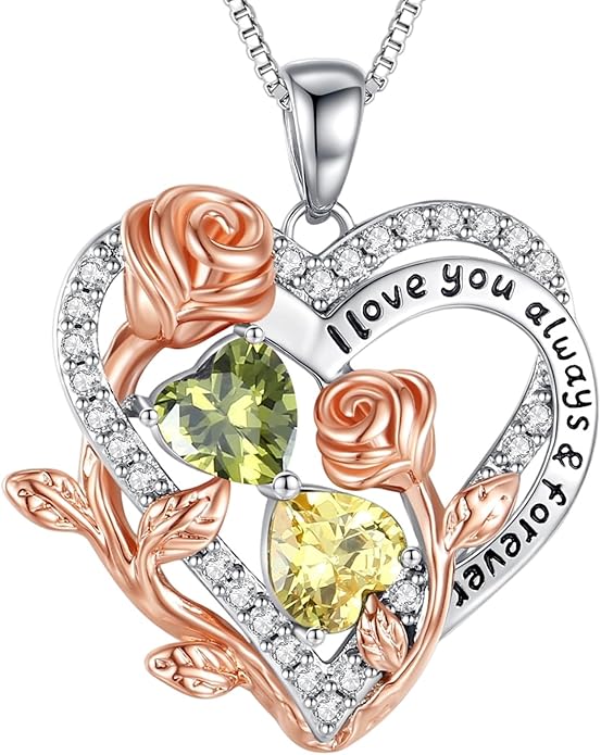 I Love You Birthstone Necklace, 925 Sterling Silver Heart Pendant with CZ Diamond Stones, Birthday Gifts for Women, Romantic Gift for Wife, Girlfriend, Her, Anniversary, Valentine's Day, Christmas