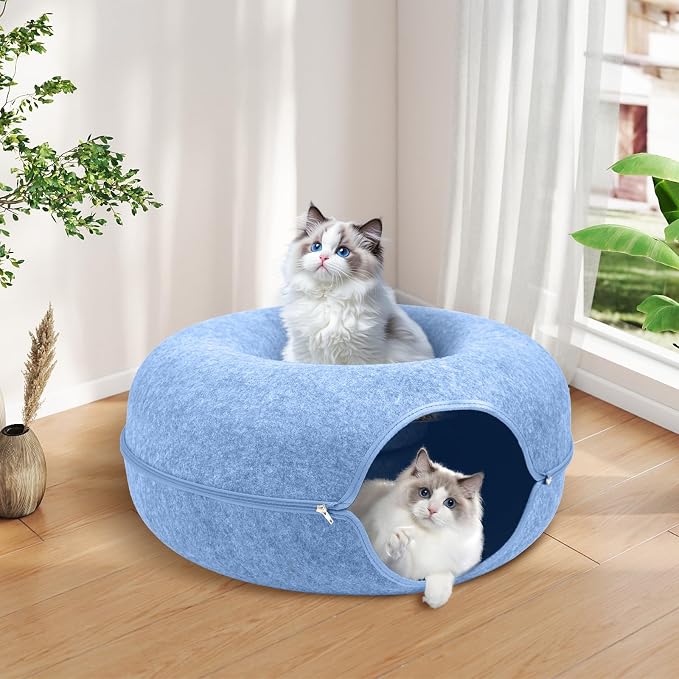 Cat Caves for Indoor Cats, Large Cat Tunnel for Multiple & Large Cats, Scratch Detachable Cave Bed, Kitten Donut Kitty Hideaway Up to 45 Lbs (Blue, Large, 1 Pack)