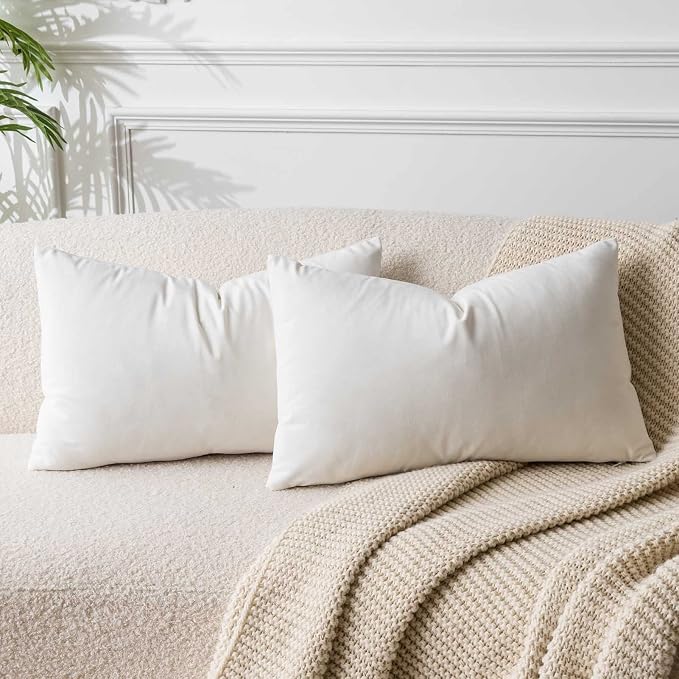 12x20 Lumbar Throw Pillow Covers Set of 2 for Couch Bed Sofa,Cream White | Decorative Soft Velvet Cushion Covers with Invisible Zipper for Living Room Bedroom Home Decor