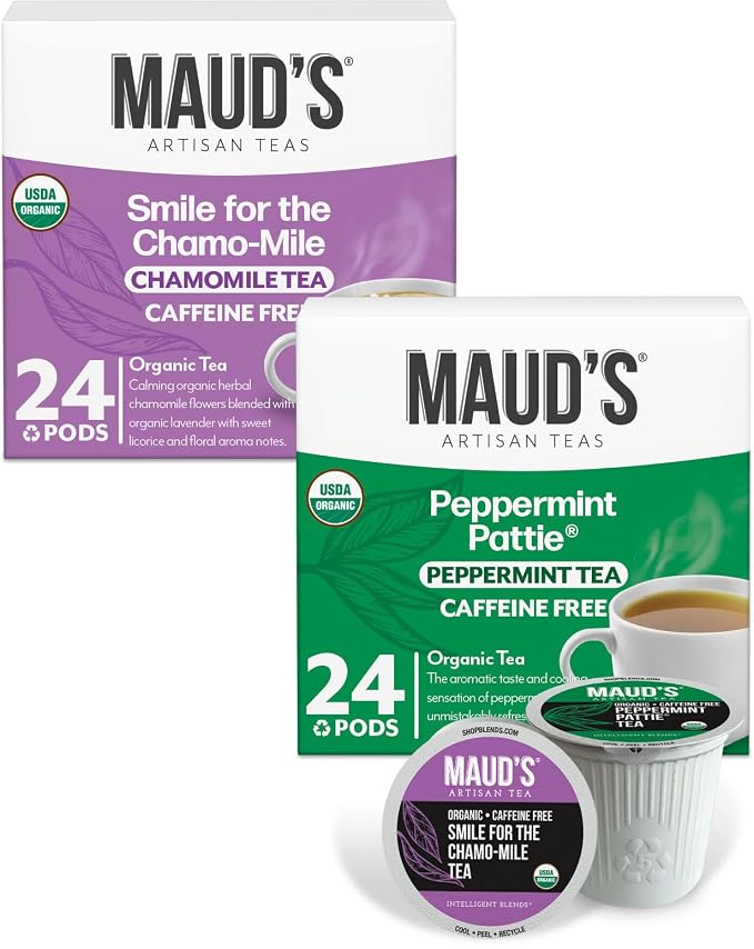 Maud's Organic Chamomile Lavender & Organic Peppermint Tea Bundle, 48 ct, Single Serve Pods – 100% Gourmet Blended Tea Leaves, Compatible with Keurig K Cups Maker