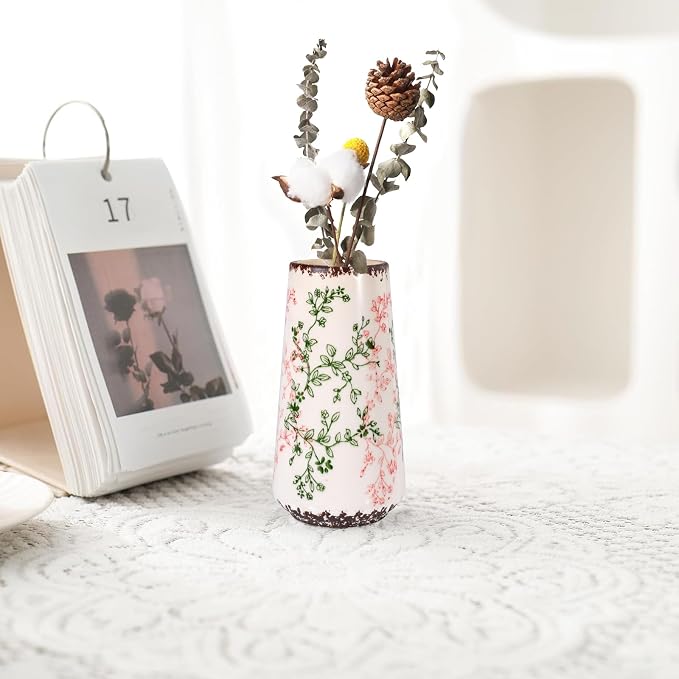 Ceramic Vase, GUKJOB Small Cute Flower Vase for Pampas Grass, Home, Living Room, Dining Table, Farmhouse, Office Decor, Bedroom, Table, and Kitchen Shelf (Green & Pink-A)