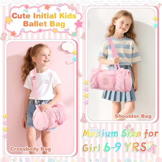 Personalized Initial Dance Bag for Girls 6-9, Medium Lace Gym Sport Yoga Cheer Dance Bags Gift for Teen Girls, Cute Letter Kids Ballet Bag Toddler Travel Duffel Tote with Adjustable Straps(Pink-D)