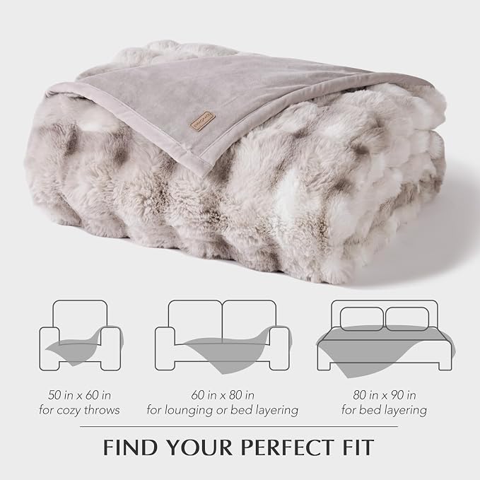 Faux Rabbit Fur Bubble Throw Blanket, 90"x90", Light Grey | Ultra Soft, Luxury Faux Rabbit Fur Throw, Thick Warm Bubble Blanket, Cozy Fluffy Reversible, for Bed, Couch, Chair, Sofa