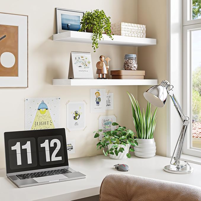 Fixwal Floating Wall Shelves for Decor (White, Set of 2, 22Inch) | MDF Shelf with Metal Brackets, Space Saving for Books , Decor, Fits Bathroom, Kitchen, Bedroom, or Office