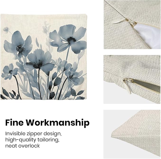 Spring Floral Pillow Covers 18x18 Inches Set of 2,Blue Floral Throw Pillow Covers Outdoor Summer Flower Decoration Pillowcase Farmhouse Decorative Square Cushion Cover For Couch Sofa Home Decor