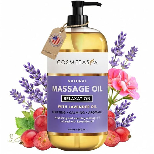 Cosmetasa Lavender Massage Oil for Massage Therapy - All Natural, Cruelty-Free & Spa Quality Skin Therapy Oil, Calming & Soothing Care - Lavender, Geranium & Grapeseed Oil (8.8 oz)